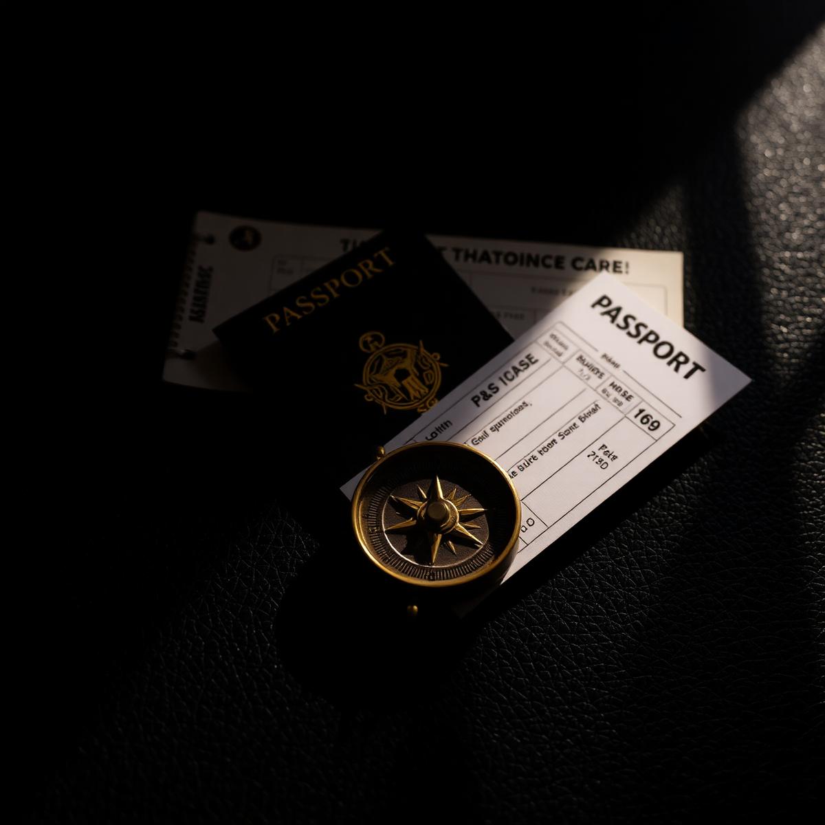 Passport, boarding pass and compass on dark leather